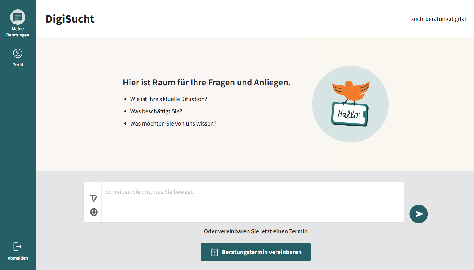 Nachdem Sie registriert sind, können Sie direkt Kontakt mit den Berater:innen aufnehmen. Dabei hat man zwei Möglichkeiten: Entweder man schreibt eine Nachricht oder man bucht direkt einen Termin.