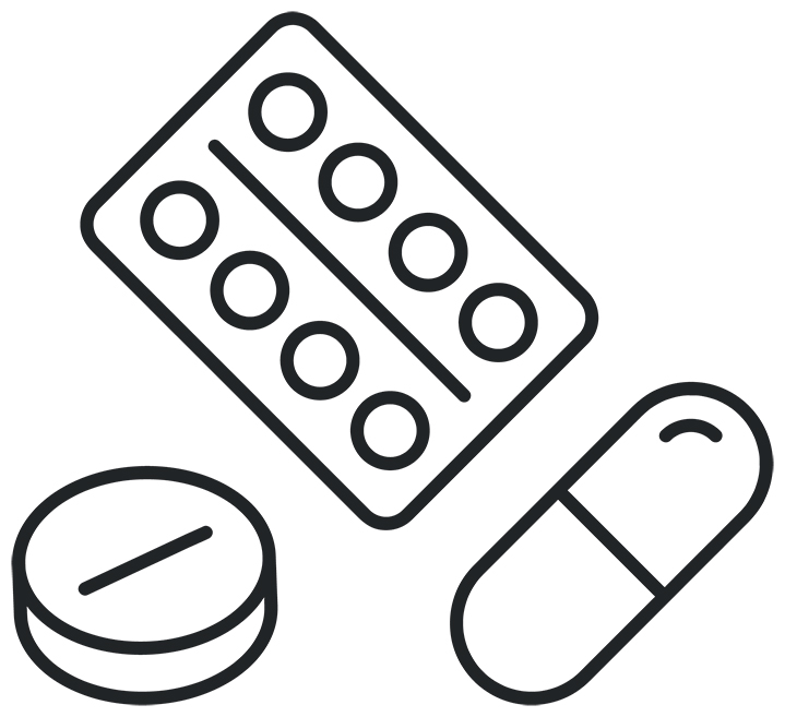 Iconansicht von zwei Tabletten und einem Tablettenblister